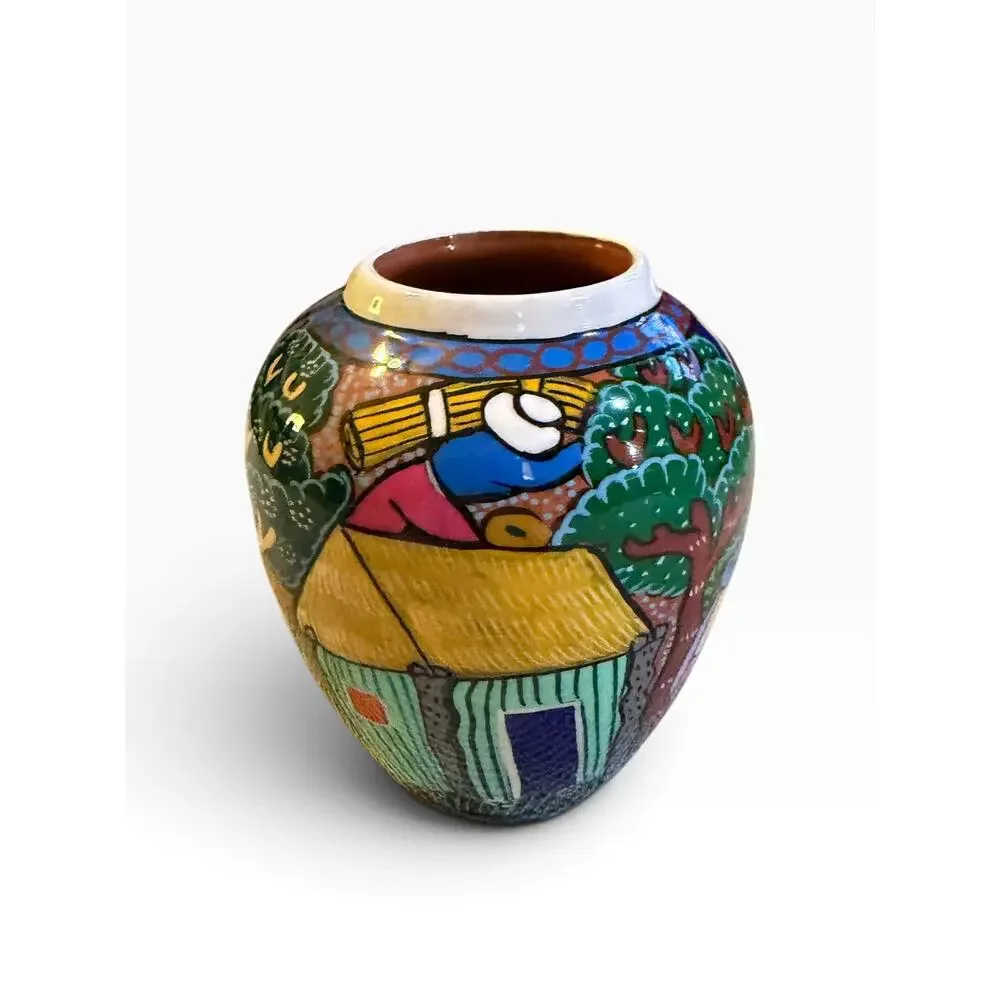Vtg  Isidoro Mexican Folk Art Clay Pottery Vase Hand Painted Village Storyteller